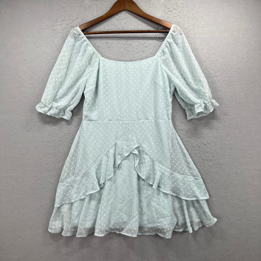 Blue Rain Mini Dress Large Light Blue Swiss Dot Ruffle Tiered Cottagecore Boho